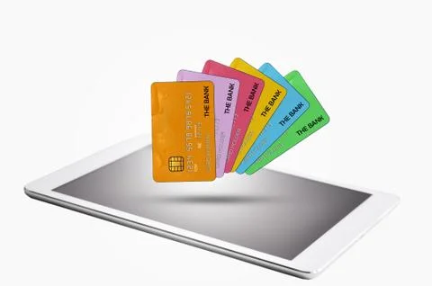 Tablet with multiple credit cards on white background Stock Illustration
