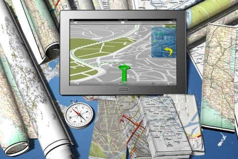 Tablet navigation system maps - 3D illustration 스톡 일러스트