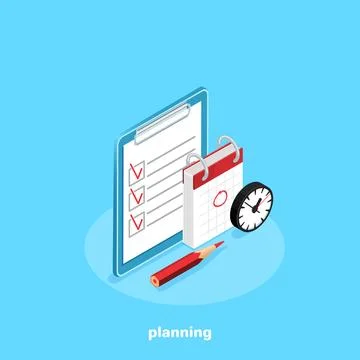 A tablet next to the calendar and a clock on a blue background, an isometric  Stockillustratie
