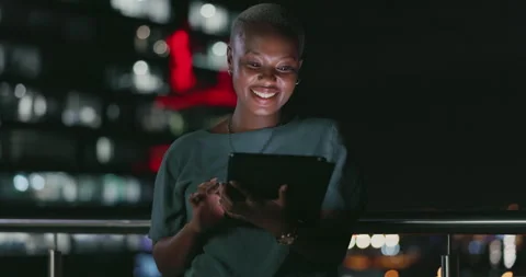 Tablet, night balcony or laughing woman reading funny social network feedback Stock Footage 246394514