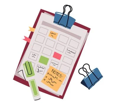 Tablet with Notes, Planner, Sticky Memos, Pen, and Highlighter in Flat Design on Illustration