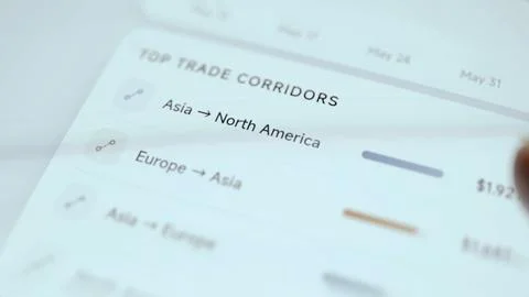 Tablet panel lists Asia to North America, Europe to Asia and Asia to Europe Stock Photos