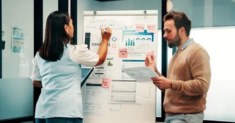 Tablet, paperwork and team planning on whiteboard for financial modeling Stock Photos