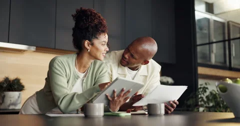 Tablet, paperwork or black couple with finance in kitchen for budget planning or Stock Footage 336845999