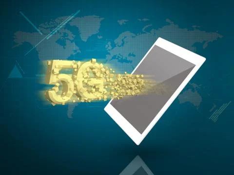 Tablet PC with 5G and super speed downloading on Digital World Background Stock-Illustration