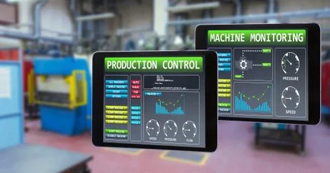 Tablet pc against factory Stock Illustration