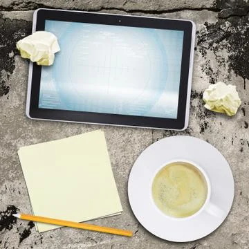 Tablet pc and coffee cup on old concrete surface Stock Illustration