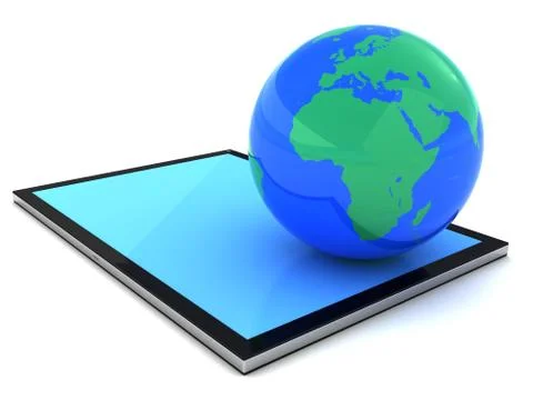 Tablet PC and Earth, icon isolated on white background Stock Illustration