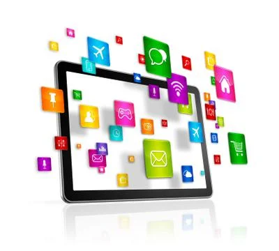 Tablet PC and flying apps icons Stock Illustration