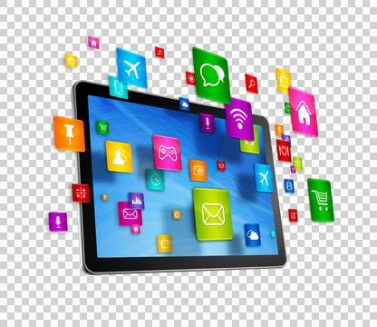 Tablet PC and flying apps icons Illustrazione stock