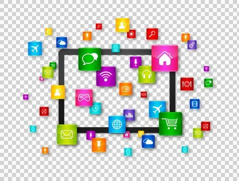 Tablet PC and flying apps icons 스톡 일러스트