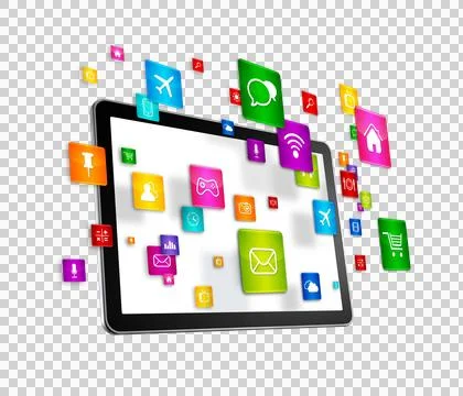 Tablet PC and flying apps icons Illustrazione stock