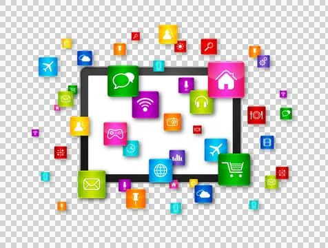Tablet PC and flying apps icons Illustrazione stock