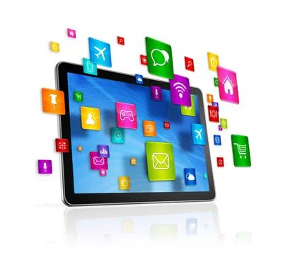 Tablet PC and flying apps icons 3D Tablet PC with flying apps icons - isol... Stock Photos