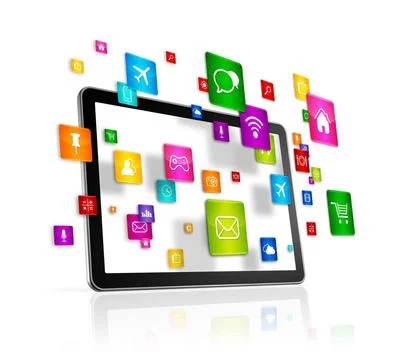 Tablet PC and flying apps icons 3D Tablet PC with flying apps icons - isol... Foto stock