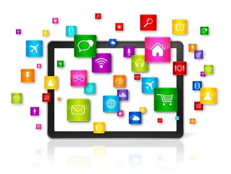  Tablet PC and flying apps icons 3D Tablet PC with flying apps icons - iso... Stock Photos