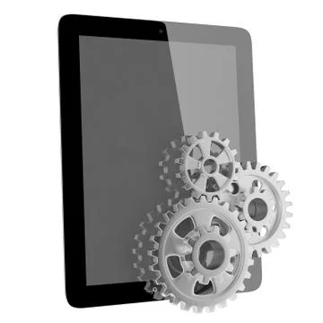 Tablet pc and gears on white isolated background. Stock Illustration