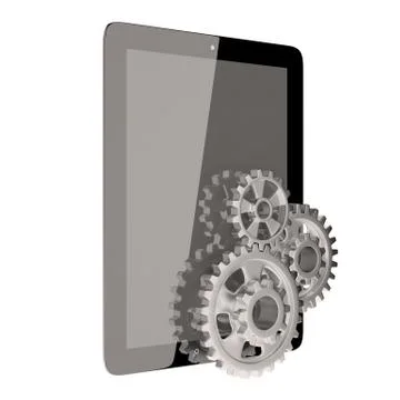 Tablet pc and gears on white isolated background Stock Illustration