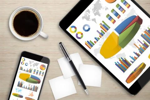 Tablet pc and mobile phone on office desk Stock Illustration