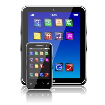 Tablet PC and mobile phone with blue touchscreen and colorful apps Stock Illustration