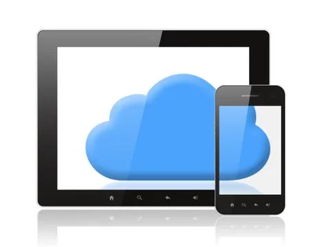 Tablet pc and smart phone with blue cloud . Stock Photos