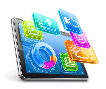 Tablet pc with application icons and pie chart Illustrazione stock