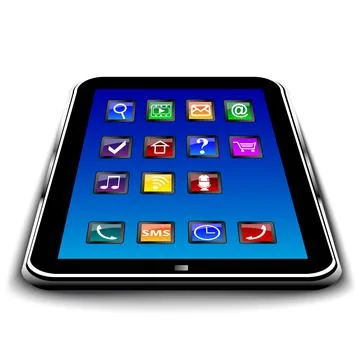 Tablet PC with blue touchscreen and colorful apps Stock Illustration