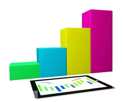 Tablet pc with business graph diagram 3d render on white background Ilustración de archivo