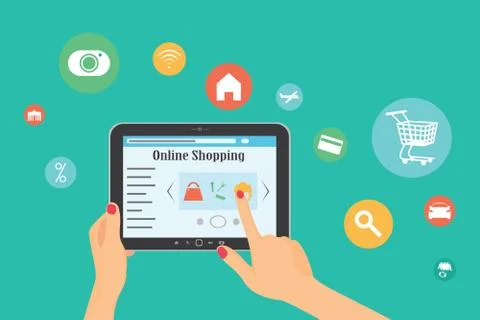 Tablet pc with buy button on the screen. E-commerce flat design concept. Usin Stock Illustration