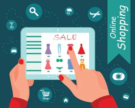 Tablet pc with buy button on the screen. E-commerce flat design concept. Usin Stock Illustration