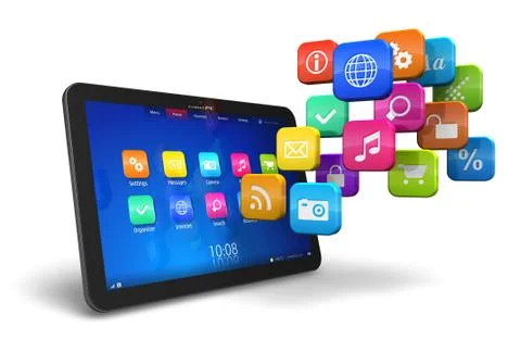 Tablet PC with cloud of application icons Illustrazione stock