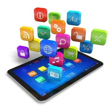 Tablet PC with cloud of application icons Stock Illustration