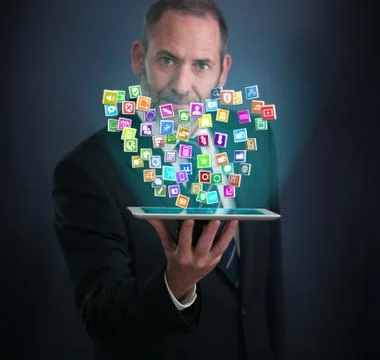 Tablet PC with cloud of application icons 스톡 일러스트