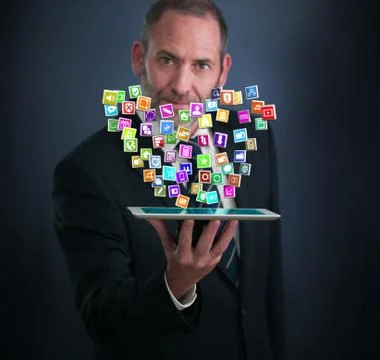 Tablet PC with cloud of application icons 스톡 일러스트