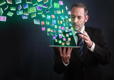 Tablet pc with cloud of application icons flying arround Stock Illustration