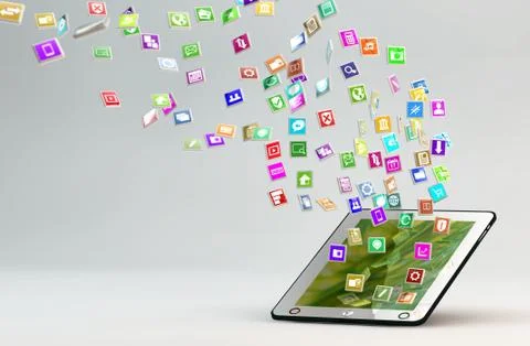 Tablet pc with cloud of application icons flying arround Stock Illustration
