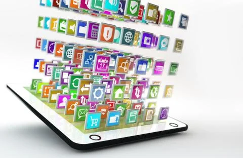 Tablet pc with cloud of application icons flying arround Stock Illustration