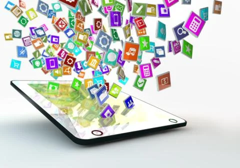 Tablet pc with cloud of application icons flying arround Stock Illustration