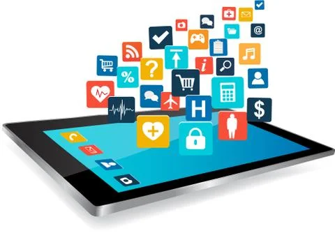 Tablet PC with cloud of application icons Illustrazione stock