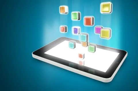 Tablet PC with cloud of colorful application icons Stock Illustration