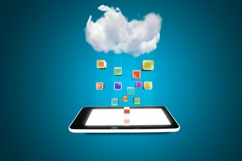 Tablet PC with cloud of colorful application icons Stock Illustration