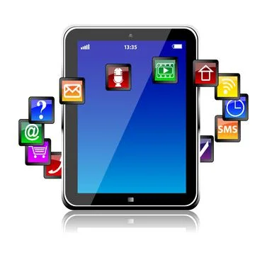 Tablet pc computer with software apps icons around Stock-Illustration