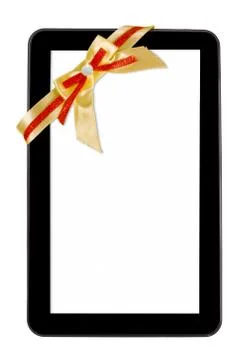 Tablet pc with festive bow Stock Photos