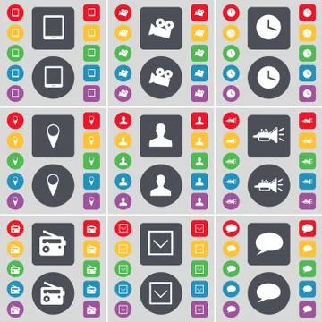 Tablet PC, Film camera, Clock, Checkpoint, Avatar, Trumped, Radio, Arrow down, C Stock Illustration