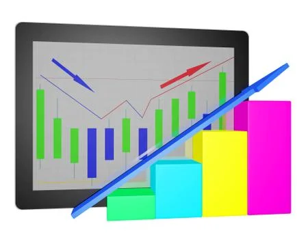 Tablet pc with financial graph diagram 3d on white background Stock Illustration