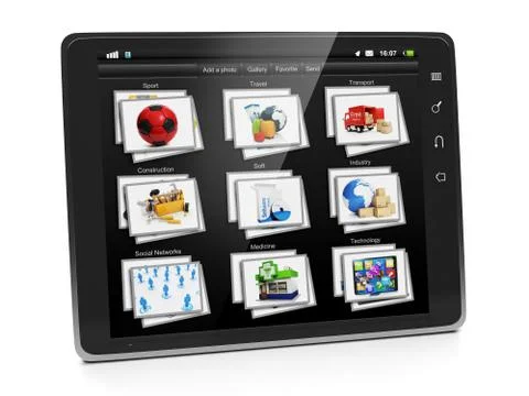 Tablet pc with a gallery of images. tablet closeup view gallery photo on a wh Stock Illustration