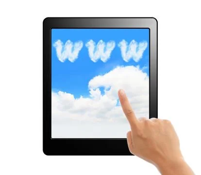 Tablet pc with hand finger ,cloud and sky Stock Photos