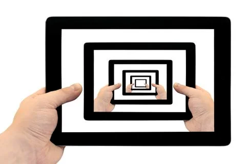 Tablet PC in hand looped on screen isolated on white Stock Photos