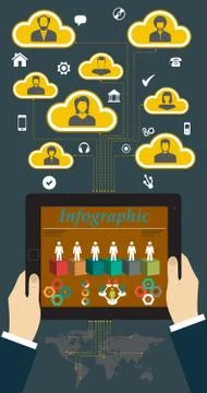 Tablet PC with Hands and Vector Icons infographic Stock-Illustration