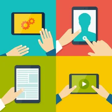 Tablet pc in human hands. Flat style vector illustration Stock Illustration